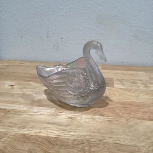 Vintage Imperial Opalescent Glass Swan Candy Dish with original labels